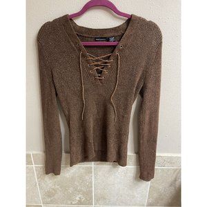 Vintage Express Brown Lace Up Sweater Ribbed Medium